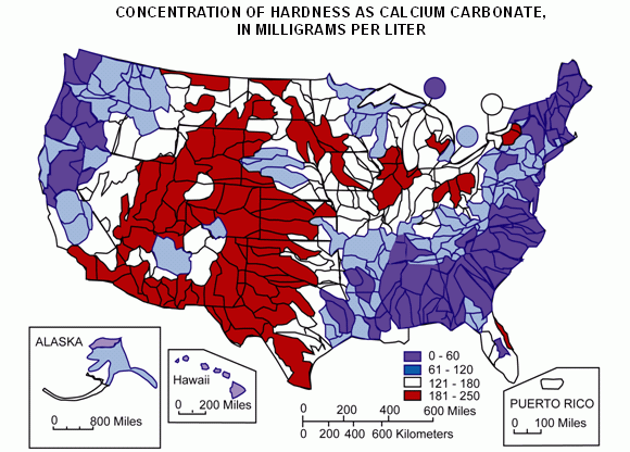 USA Water Hardness Map. Use this to determine if you need a tankless water heater filter to remove excess minerals.