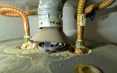 Old water heater with corroded pipes. This water heater has an atmospheric vent system which is the oldest type of ventilation for water heaters.